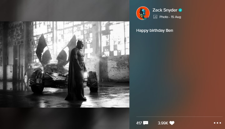 Zack Snyder comparte nueva foto de Ben Affleck como Batman